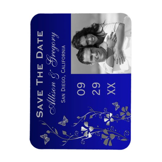 Blauw, zilveren vlinder bloemmotief opslaan datum  magneet (Verticaal)