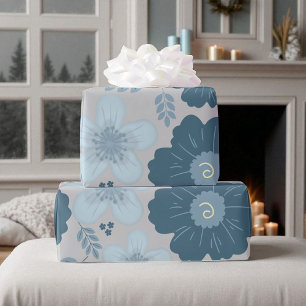 Blauw Zilveren Waterverf Bloemen Cadeaupapier