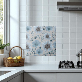 Blauw Zilveren Waterverf Bloemen Tegeltje