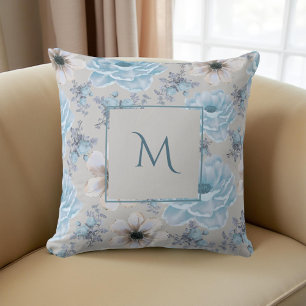 Blauw Zilveren Waterverf Bloemenscript Kussen