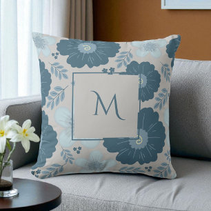 Blauw Zilveren Waterverf Bloemenscript Kussen