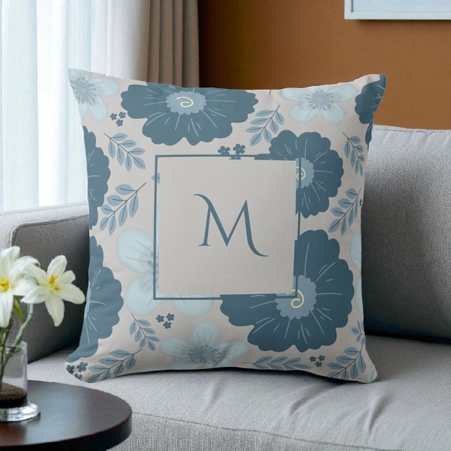 Blauw Zilveren Waterverf Bloemenscript Kussen (Creator heeft geüpload)