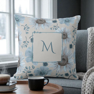 Blauw Zilveren Waterverf Bloemenscript Kussen
