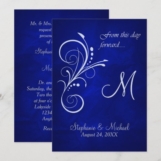 Blauw Zilveren Wervel Monogram Huwelijk Kaart (Voorkant / Achterkant)