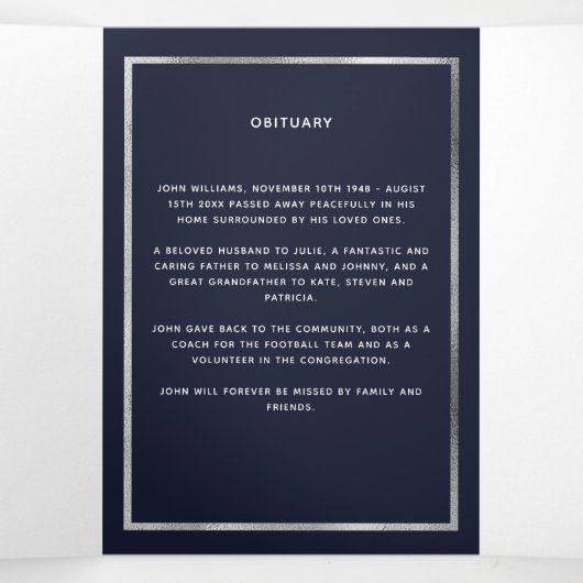 Blauw zilveren zilveren fotodrievoudig begrafenisp drieluik aankondiging (Binnenkant midden)