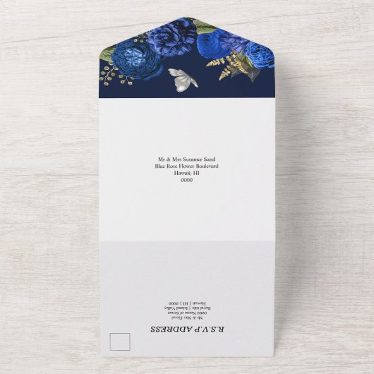 Blauw zilvergoudroos elegant vlindergom all in one uitnodiging (Buitenkant)