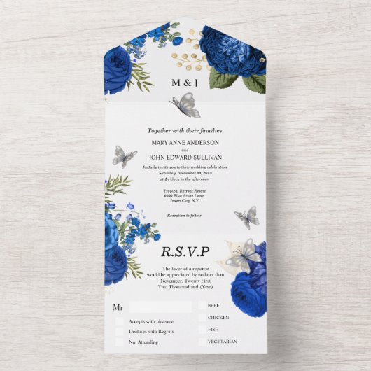 Blauw zilvergoudroos elegant vlindergom all in one uitnodiging (Binnen)