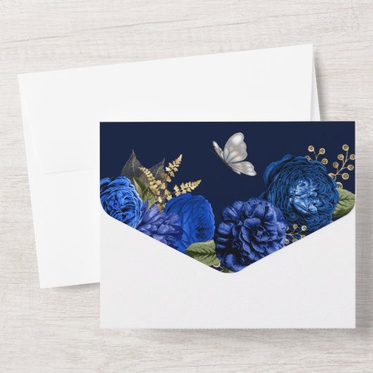 Blauw zilvergoudroos elegant vlindergom all in one uitnodiging (Achterkant)