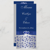 Blauw, Zilvergrijs Bloemen, Harten Menu Kaart (Voorkant / Achterkant)