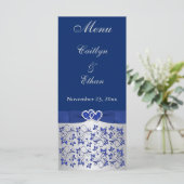 Blauw, Zilvergrijs Bloemen, Harten Menu Kaart (Staand voorkant)