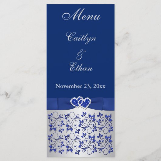 Blauw, Zilvergrijs Bloemen, Harten Menu Kaart (Voorkant)