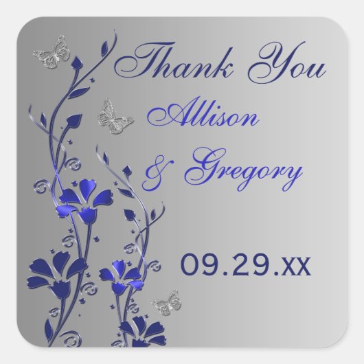 Blauw, Zilvergrijs Bloemen met Vlinders Sticker (Voorkant)