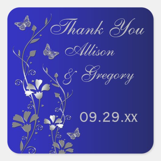 Blauw, Zilvergrijs Bloemen met Vlinders Sticker (Voorkant)