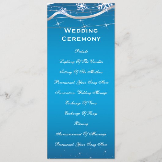 Blauw, zilvergrijs sneeuwvlok trouwprogramma kaart (Achterkant)