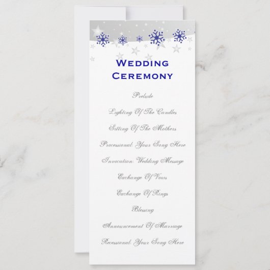 Blauw, zilvergrijs sneeuwvlok trouwprogramma kaart (Achterkant)