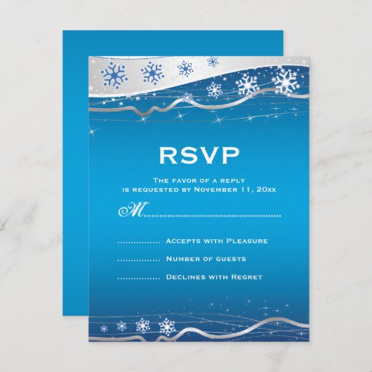 Blauw, zilvergrijs sneeuwvlok winterbruiloft RSVP (Voorkant / Achterkant)