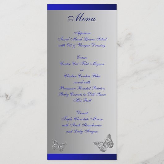 Blauw, Zilvergrijs Vlinder Bloemen Menu Kaart (Achterkant)