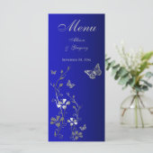 Blauw, Zilvergrijs Vlinder Bloemen Menu Kaart (Staand voorkant)