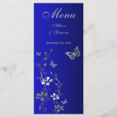Blauw, Zilvergrijs Vlinder Bloemen Menu Kaart (Voorkant)