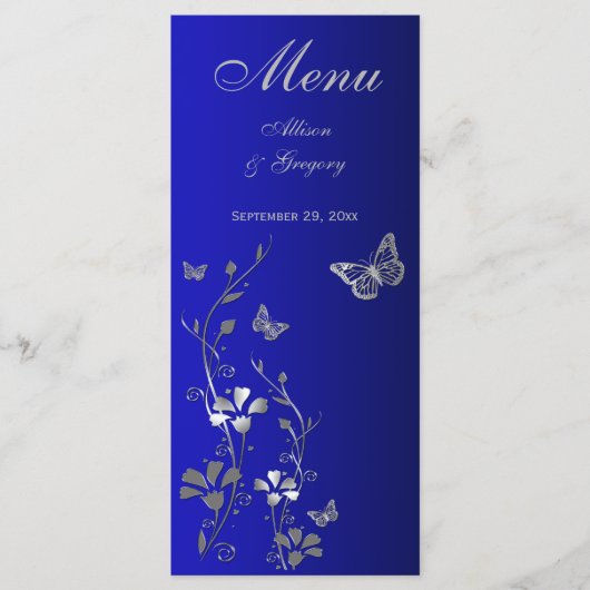 Blauw, Zilvergrijs Vlinder Bloemen Menu Kaart (Voorkant)