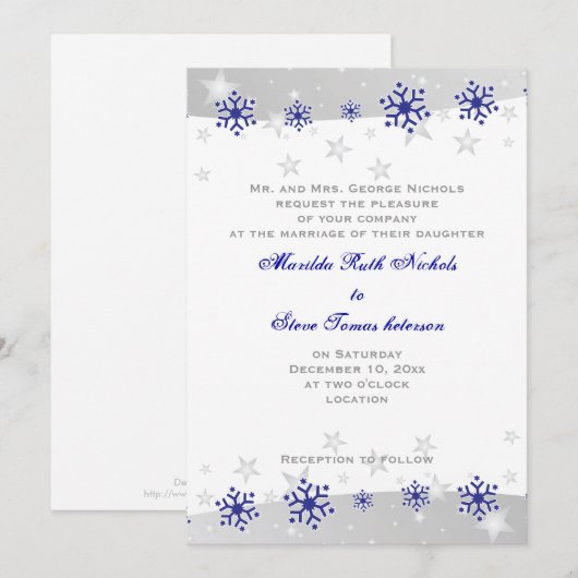 Blauw, zilvergrijze witte sneeuwvlok bruiloft kaart (Voorkant / Achterkant)