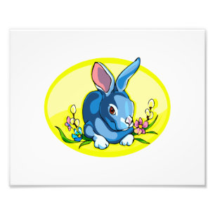 blauw zittend konijn bloemen geel ovaal.png foto afdruk