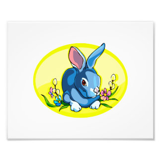 blauw zittend konijn bloemen geel ovaal.png foto afdruk