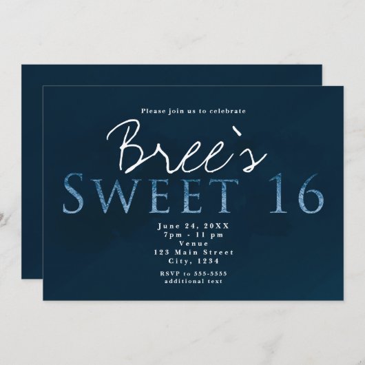 Blauw ZOET 16 Chique Elegant Verjaardagsfeest Kaart (Voorkant / Achterkant)