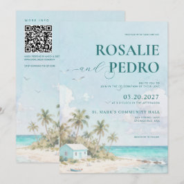 Blauw Zomer Strand Aquarel QR Code Huwelijk Kaart