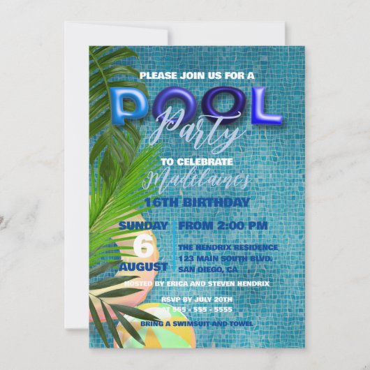 Blauw Zomer Zwembad Party 16e Verjaardag Viering Kaart (Voorkant)