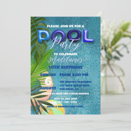 Blauw Zomer Zwembad Party 16e Verjaardag Viering Kaart (Staand voorkant)