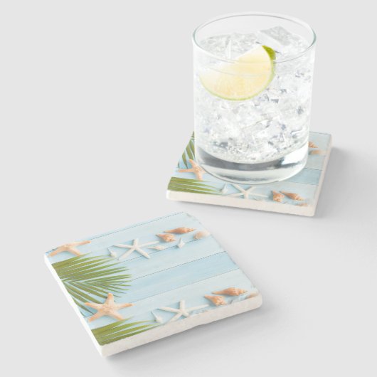 Blauw zomerblad stenen onderzetter (Zijkant)