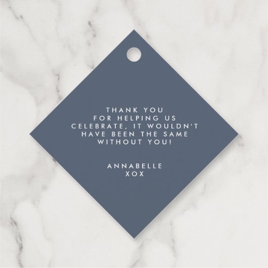 Blauw zomers modern cocktail script vrijgezellenfe bedankjes labels (Achterkant)