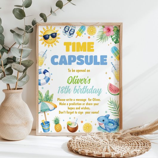 Blauw zomerstrand verjaardagsfeest Tijdcapsule bor Poster