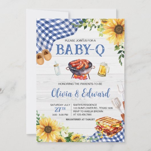 Blauw Zonnebloem BBQ Baby shower Kaart (Voorkant)
