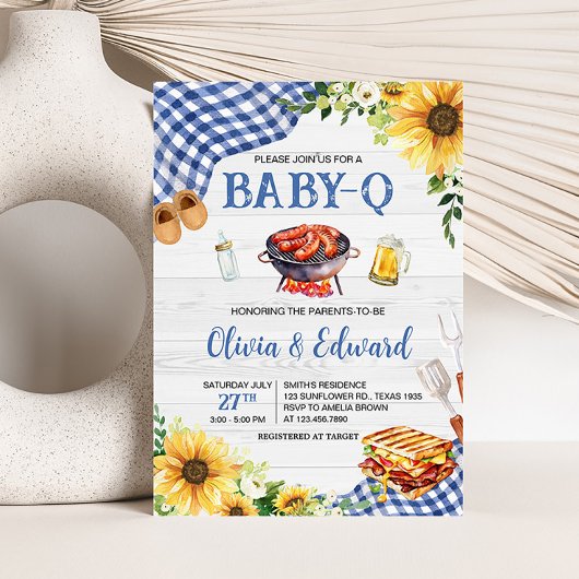 Blauw Zonnebloem BBQ Baby shower Kaart