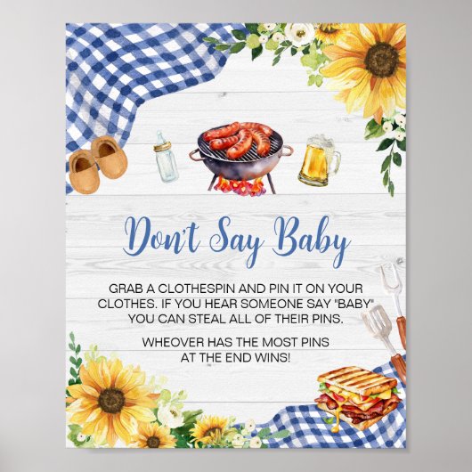 Blauw Zonnebloem BBQ Baby shower Zeg niet Baby Poster (Voorkant)