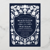 Blauw Zwaard Schild Middeleeuws Monogram Huwelijk Folie Uitnodiging (Voorkant)