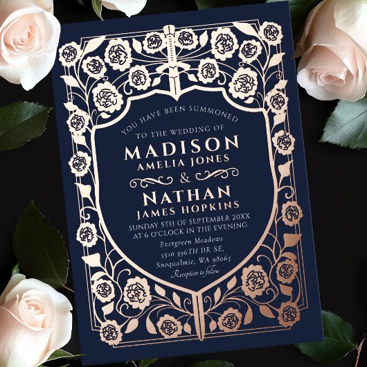 Blauw Zwaard Schild Middeleeuws Monogram Huwelijk Folie Uitnodiging