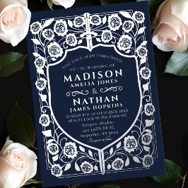 Blauw Zwaard Schild Middeleeuws Monogram Huwelijk Folie Uitnodiging