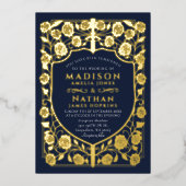 Blauw Zwaard Schild Middeleeuws Monogram Huwelijk Folie Uitnodiging (Voorkant)