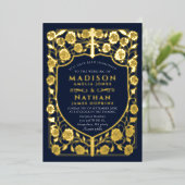 Blauw Zwaard Schild Middeleeuws Monogram Huwelijk Folie Uitnodiging (Staand Voorkant)