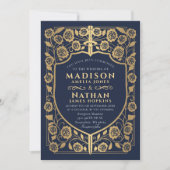 Blauw Zwaard Schild Middeleeuws Monogram Huwelijk Kaart (Voorkant)