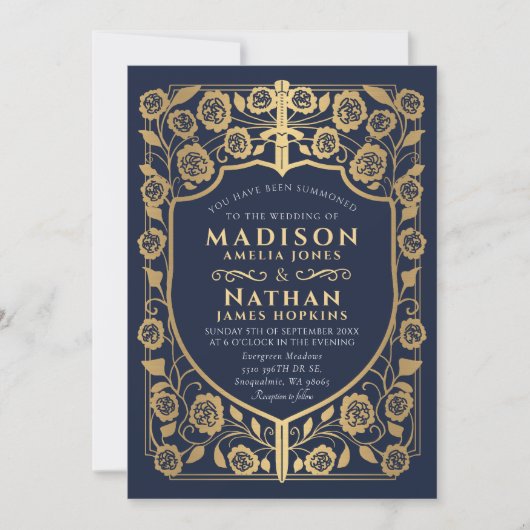 Blauw Zwaard Schild Middeleeuws Monogram Huwelijk Kaart (Voorkant)