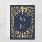 Blauw Zwaard Schild Middeleeuws Monogram Huwelijk Kaart (Achterkant)