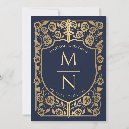 Blauw Zwaard Schild Middeleeuws Monogram Huwelijk Kaart (Achterkant)