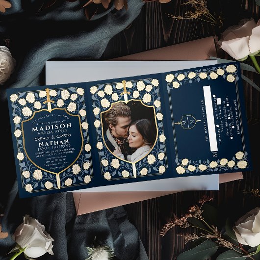 Blauw Zwaard & Schild Middeleeuwse Fantasie Bruilo Drieluik Uitnodiging