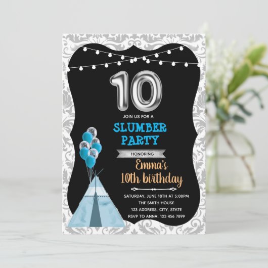 Blauw zwart 10e verjaardag slumber party kaart (Staand voorkant)