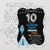 Blauw zwart 10e verjaardag slumber party kaart (Voorkant / Achterkant)