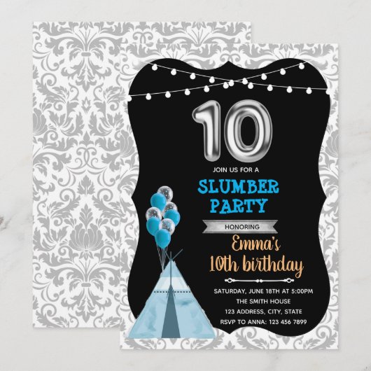 Blauw zwart 10e verjaardag slumber party kaart (Voorkant / Achterkant)